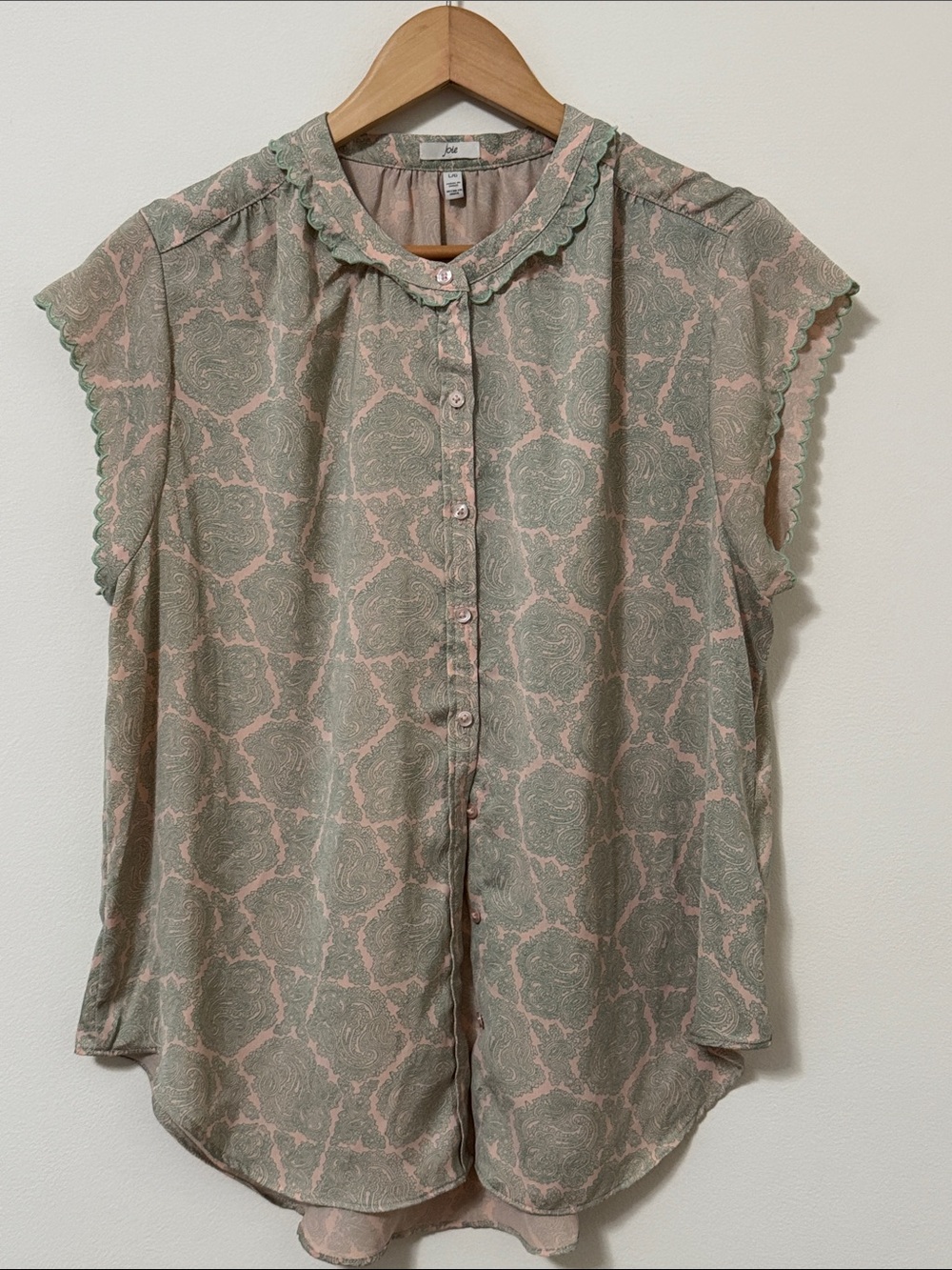 Joie Green and Pink Floral Scalloped Cap-Sleeve Blouse